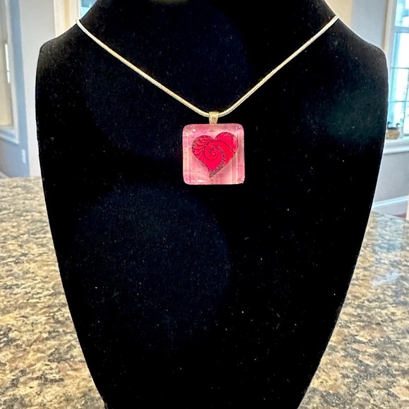 Hand Crafted Pink Heart Glass Tile Pendant - Picture 2 of 2